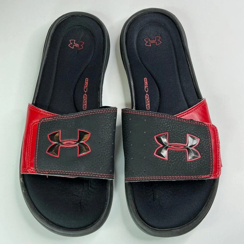 Under Armour Black Red Ignite Slides Mens 10 Adjustable 4D Foam 1235584-004